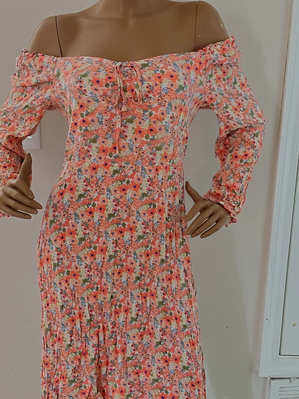 Off-Shoulder Coral Floral Maxi Dress